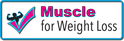 Logo - with words Muscle For Weight Loss - Imagery of a man flexing and a large checkmark